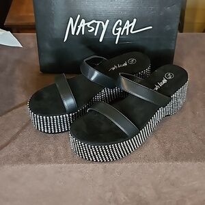 Faux Leather Double Strap Embellished Platform Sandals